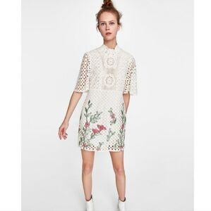 Zara White Embroidered Floral Mini Dress, Size XS NWOT